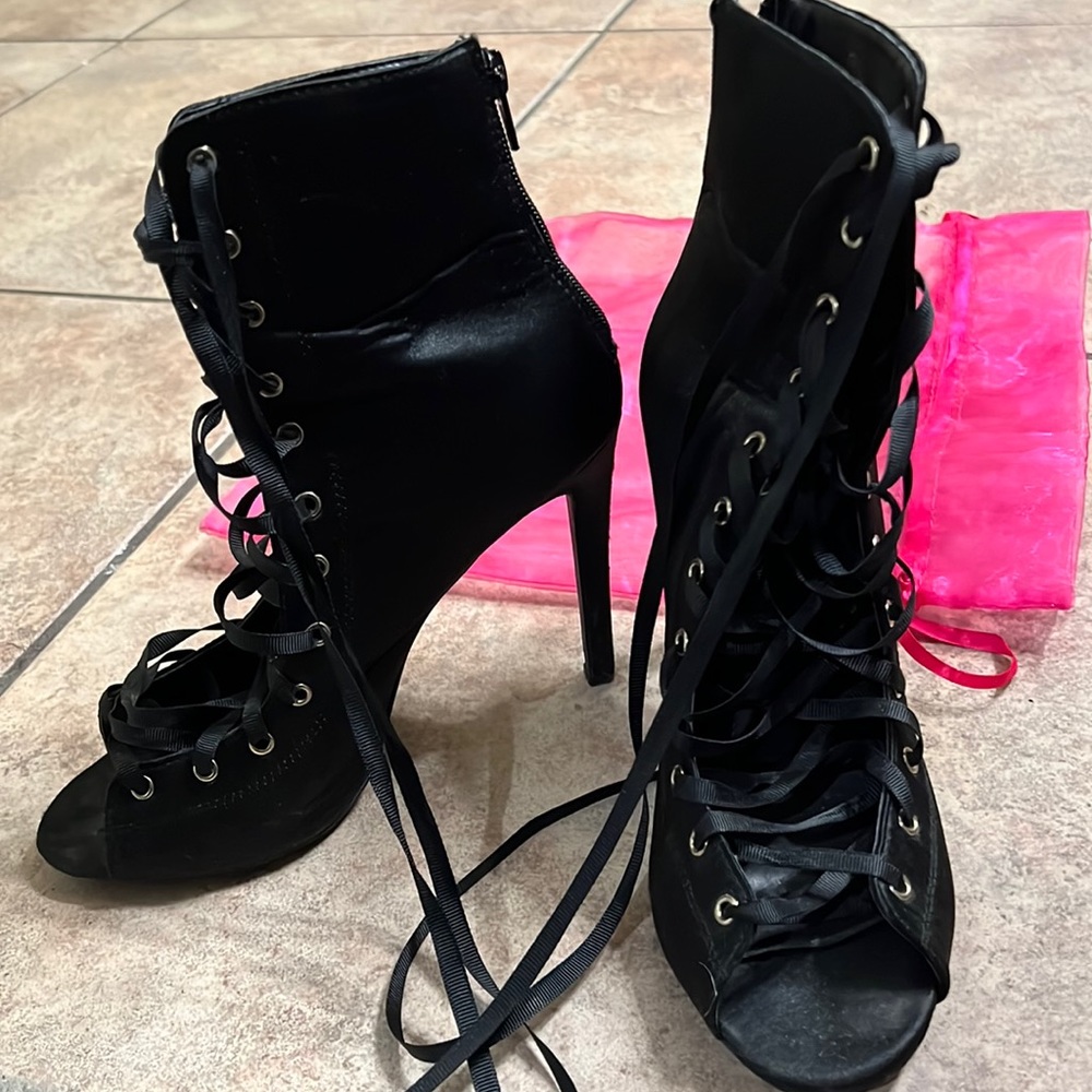 Black lace up open toe booties